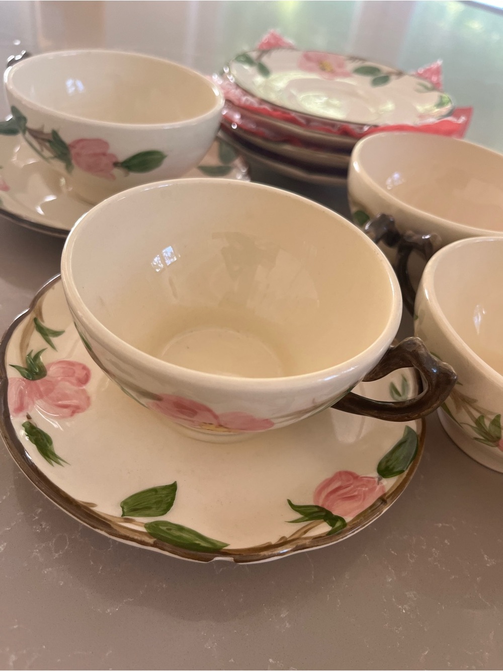 Franciscan Desert Rose Ceramic 4 Tea Cups & 6 Saucers USA Hand-Painted